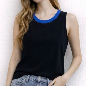 Misook Woman Black Blue Trim Knit Tank Top Sleeveless Pullover Medium Minimalist